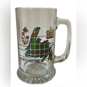 Vtg Newfoundland Tartan Map Clear Glass Mug 13 Oz Pitcher Plant Coat of Arms